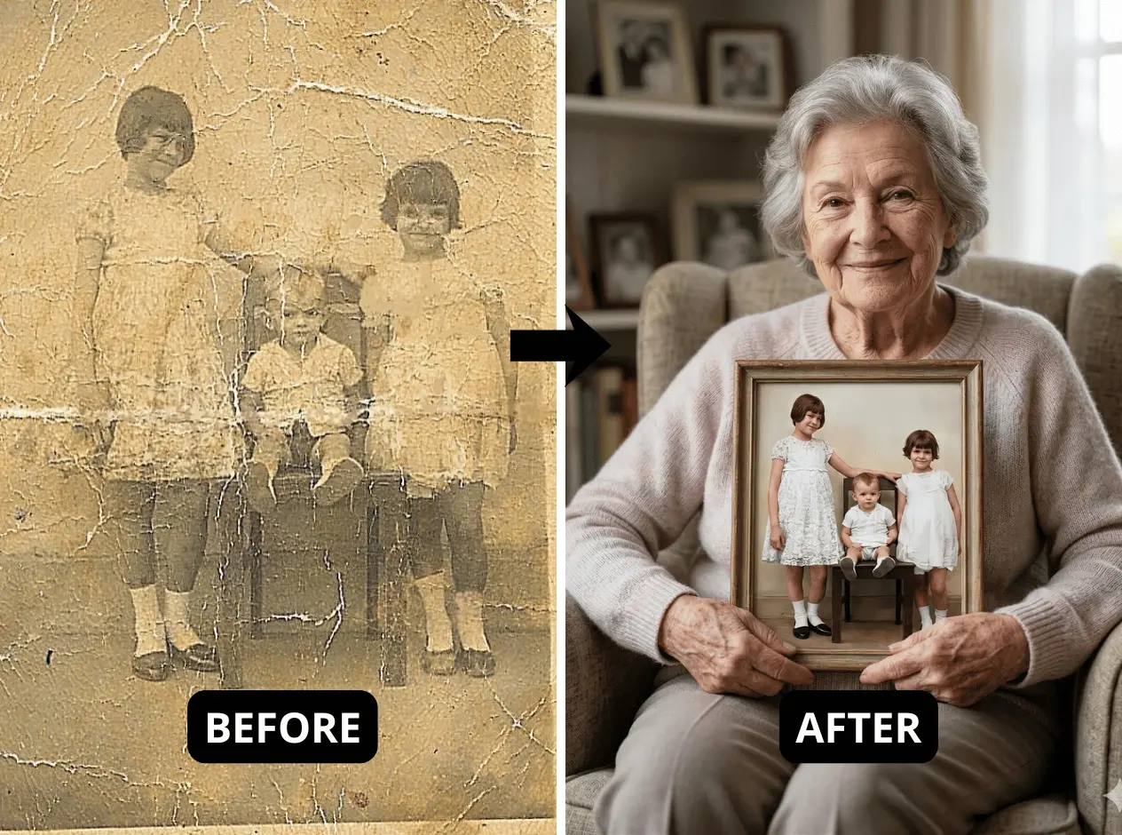 Children's portrait restored — grandmother holding restored photo