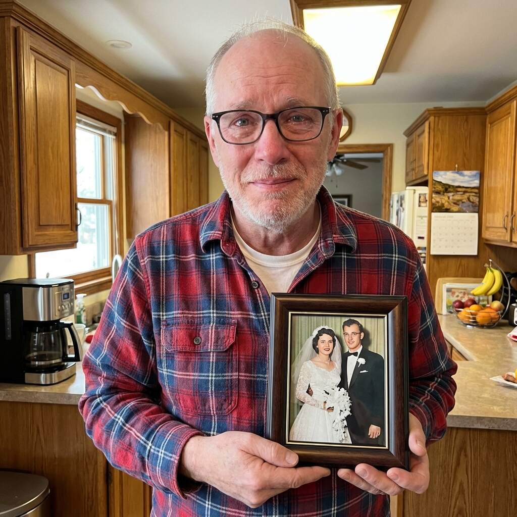 Man holding restored wedding photo in his kitchen