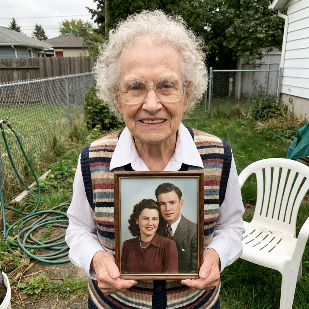 Grandmother holding restored couple portrait outdoors